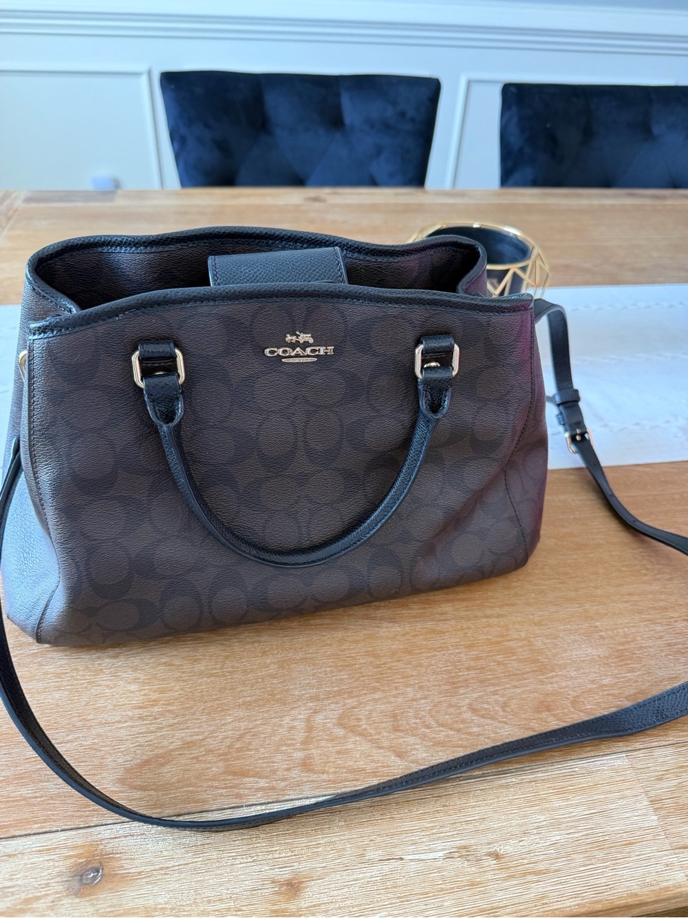 Coach Dark Brown Signature Satchel with Black Trim